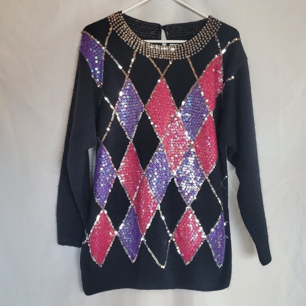 Vtg Silk/Angora/Lambs Wool Preferred Classix Sequinned Evening Fancy Sweater L